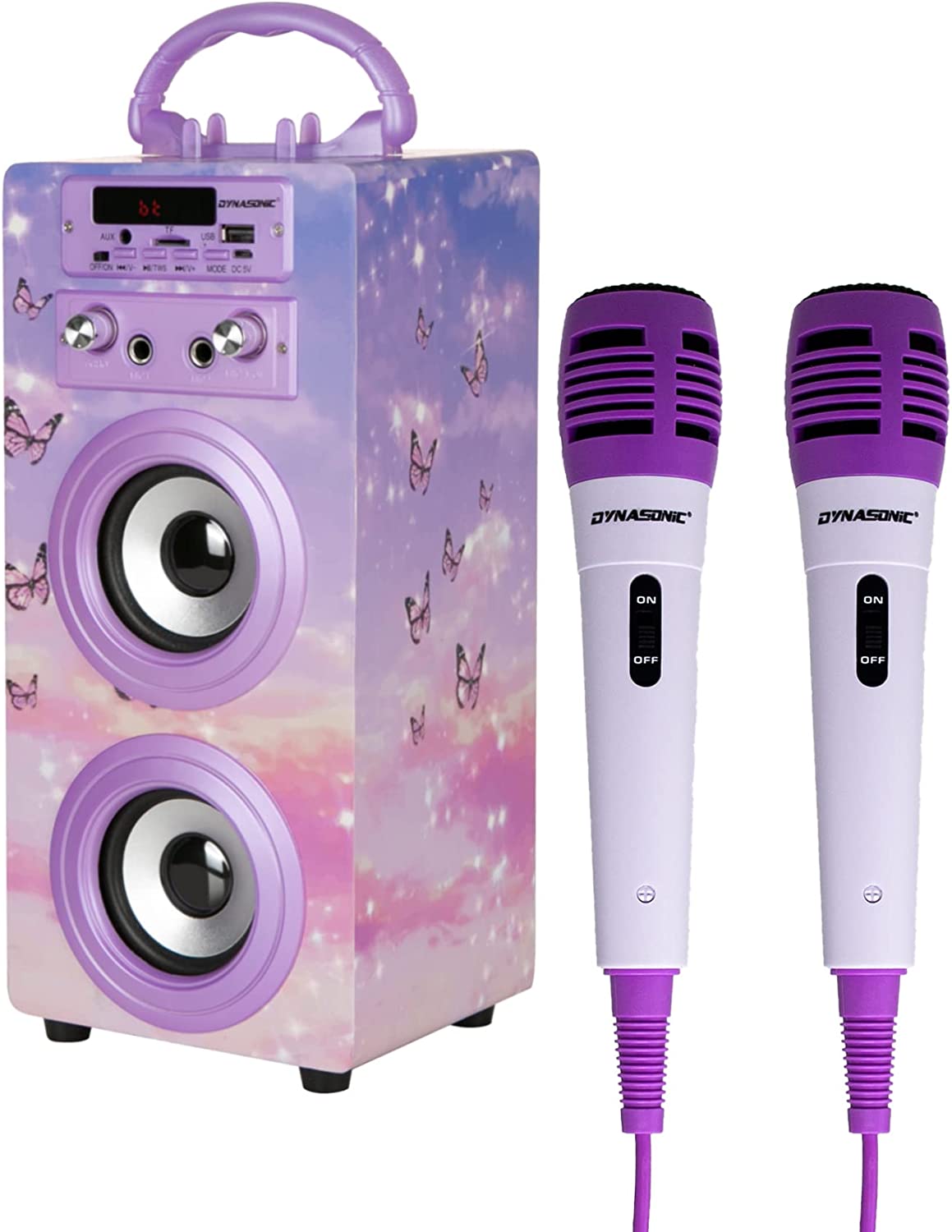 Аудио система DYNASONIC, 15W RMS, Bluetooth, USB-A 2.0, AUX, Micro SD, Кабелен микрофон, Лилава