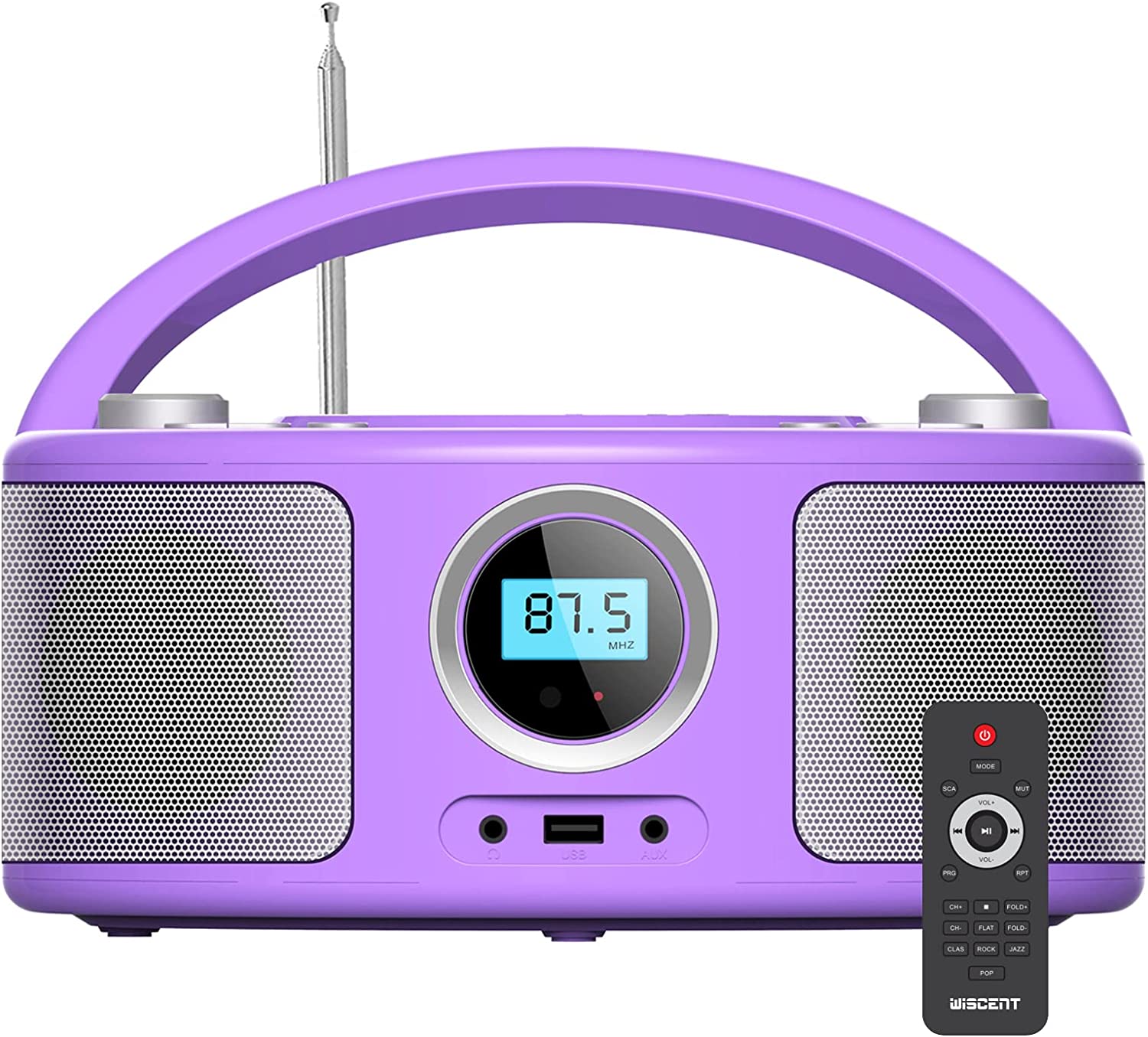 Аудио система WISCENT WTB-791 Boombox, 4W RMS, Bluetooth, USB-A 2.0, AUX, CD устройстро, FM радио, Дистанционно, Лилава