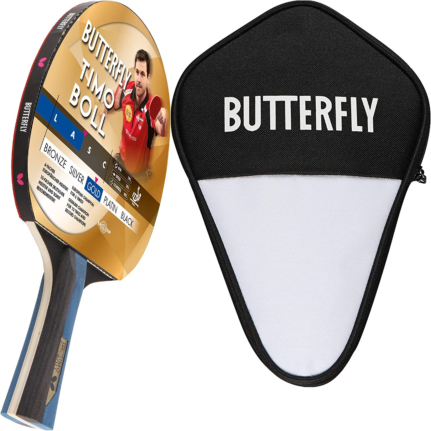 Хилка за тенис на маса Butterfly Timo Boll Gold, 1.5мм гъба, Отличен контрол, Включва калъф за съхранение