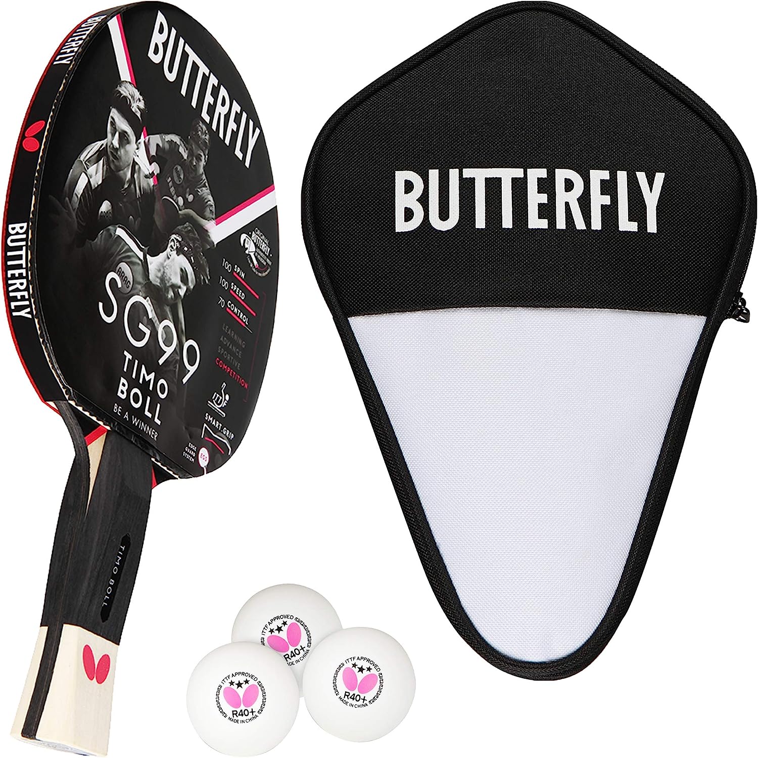 Комплект за тенис на маса Butterfly Timo Boll SG99, Включва хилка с гъба 1.8мм, 3 топчета и калъф за съхранение