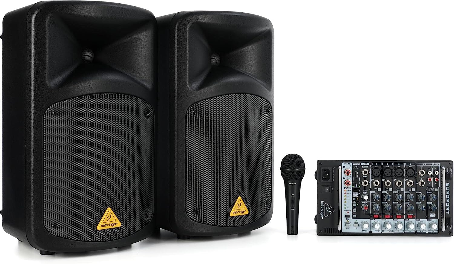 Активни тонколони Behringer EPS500MP3, 500W RMS, XLR, RCA, USB-A 2.0, MP3 USB плейър, Безжичен микрофон, Черни