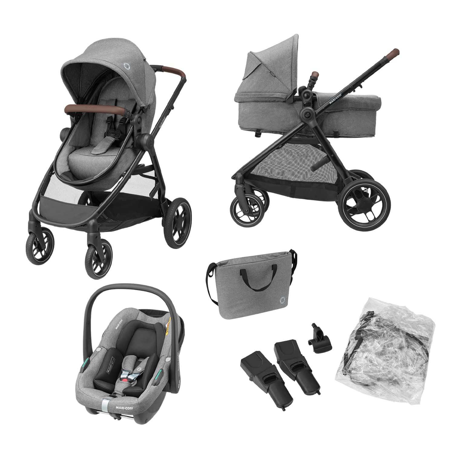 Бебешка количка Maxi-Cosi Zelia S, 3в1, Товаримост до 22кг, Въртяща се седалка, Сгъваема, Амортисьори, Дъждобран, Одеяло