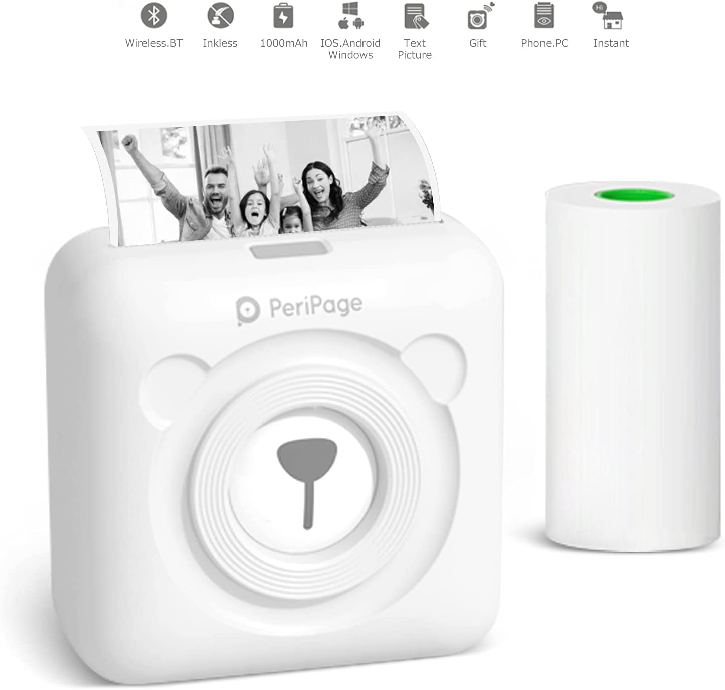Фотопринтер Buyounger PeriPage, Bluetooth, USB-A 2.0, Монохромен, Термален печат, Портативен, 200 DPI, Бял