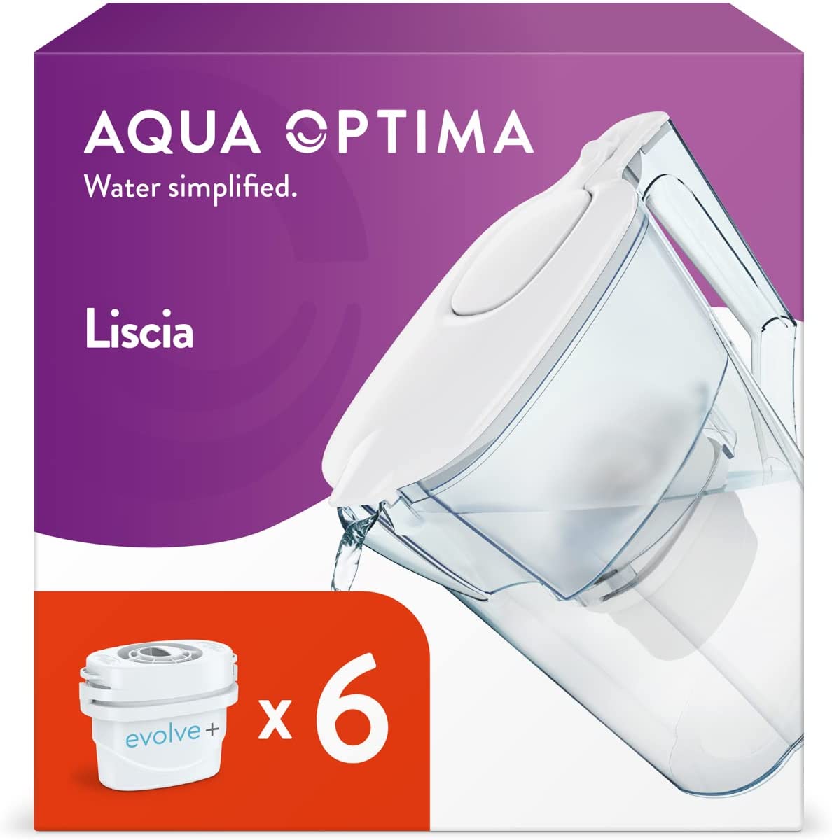 Кана за филтриране Aqua Optima Liscia, 2500мл, 6х Evolve+ филтъра, Без BPA, Подходяща за съдомиялна, Бял цвят