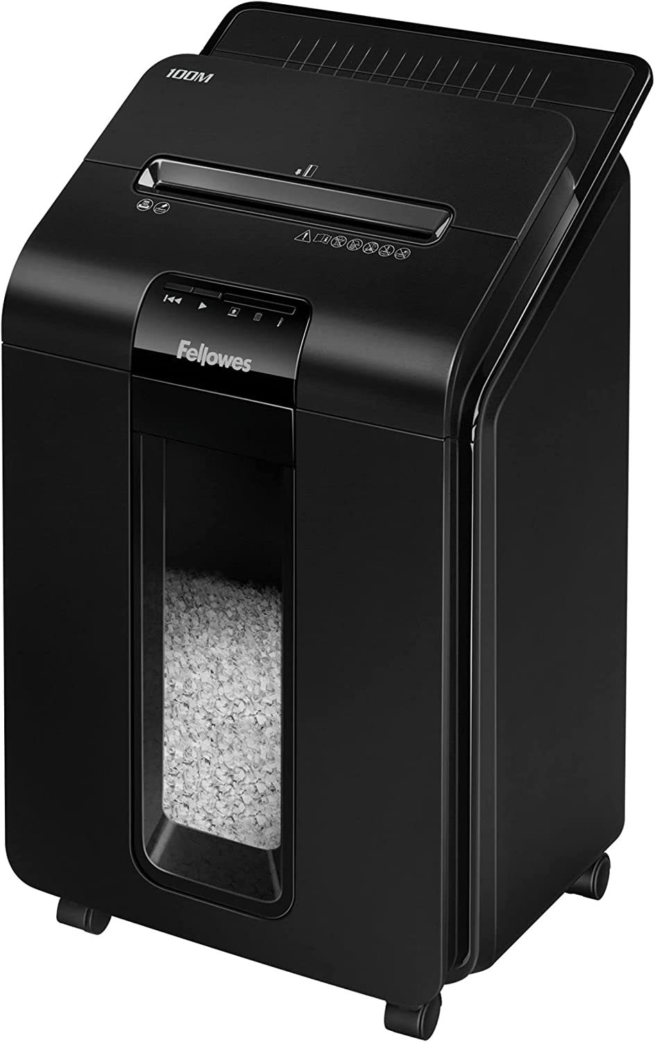Шредер Fellowes AutoMax 100M, За хартия/карти/телбод/кламери, Ниво на сигурност P-4, Защита от прегряване, Колелца, 23л