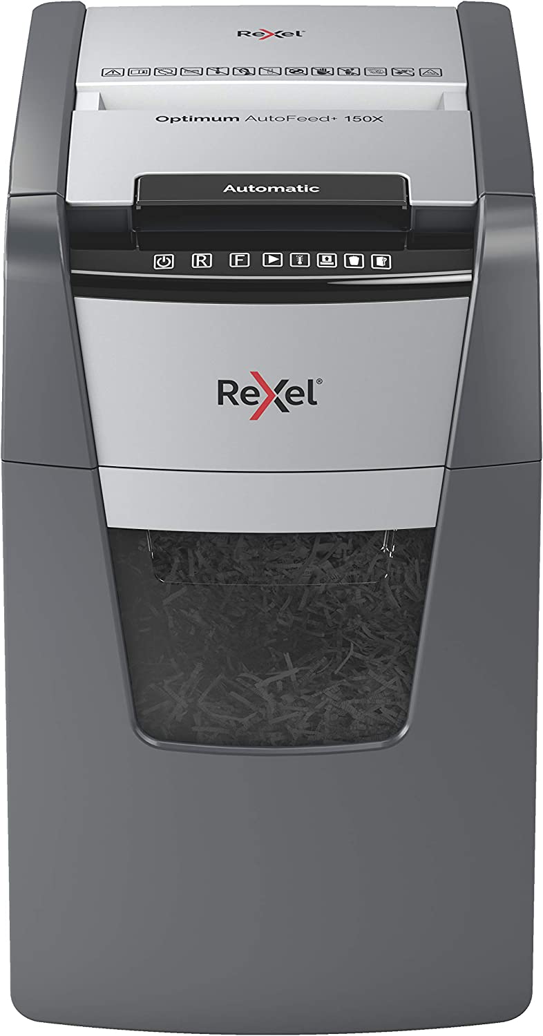 Шредер Rexel Optimum AutoFeed+ 150X, За хартия/карти/телбод/кламери, Ниво на сигурност P-4, Защита от задръстване, 44л