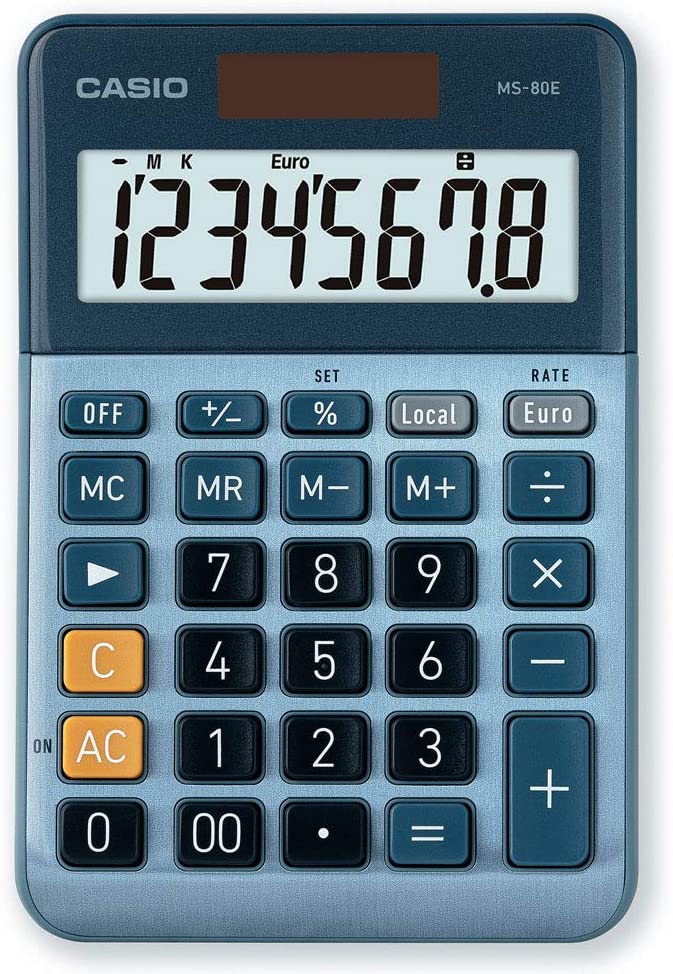 Калкулатор CASIO MS-80E, 8-цифрен, Преобразуване на валута, Алуминиев преден бутон, Соларен панел и с батерия, Син