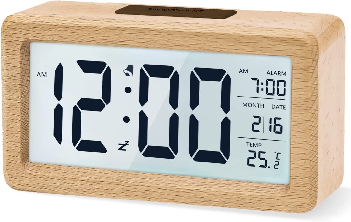 Часовник за бюро и рафт AboveClock, Цифров, Батерия, Модерен, Буково дърво, Будилник, Бутон за дрямка, Термометър, Дата,...