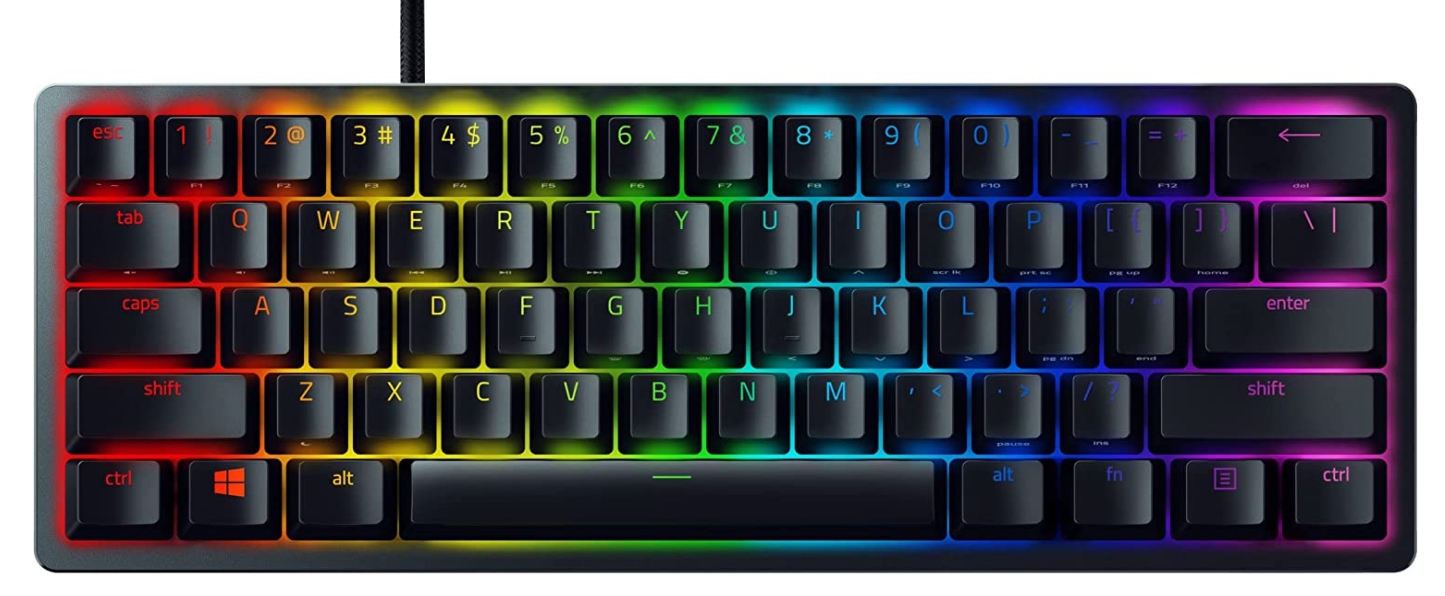 Геймърска клавиатура Razer Huntsman Mini, Механична, Purple суичове, Razer Chroma RGB подсветка, USB, Черна