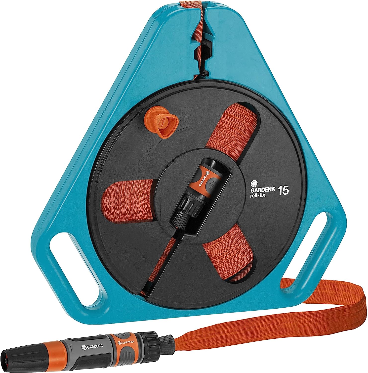 Градински маркуч Gardena Classic roll-fix 15, 15м, Включена касета, Автоматично предпазно устройство, Дръжка, Накрайник