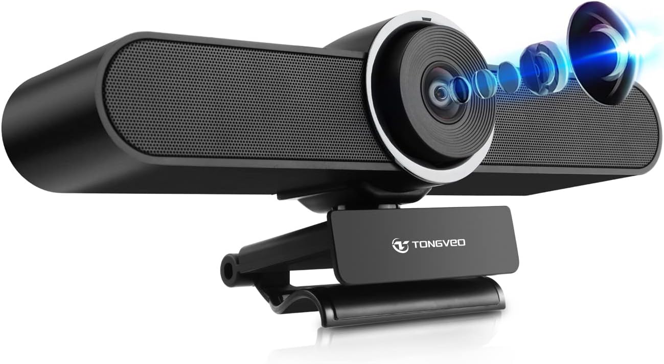 Уеб камера TONGVEO, 4K Ultra HD, 30 fps, Вкраден микрофон, Вграден високоговорител, AI рамкиране, Черна