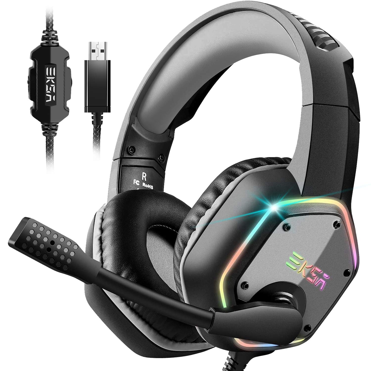 Геймърски слушалки EKSA E1000, Микрофон, 7.1 съраунд звук, Подсветка, USB, Черни