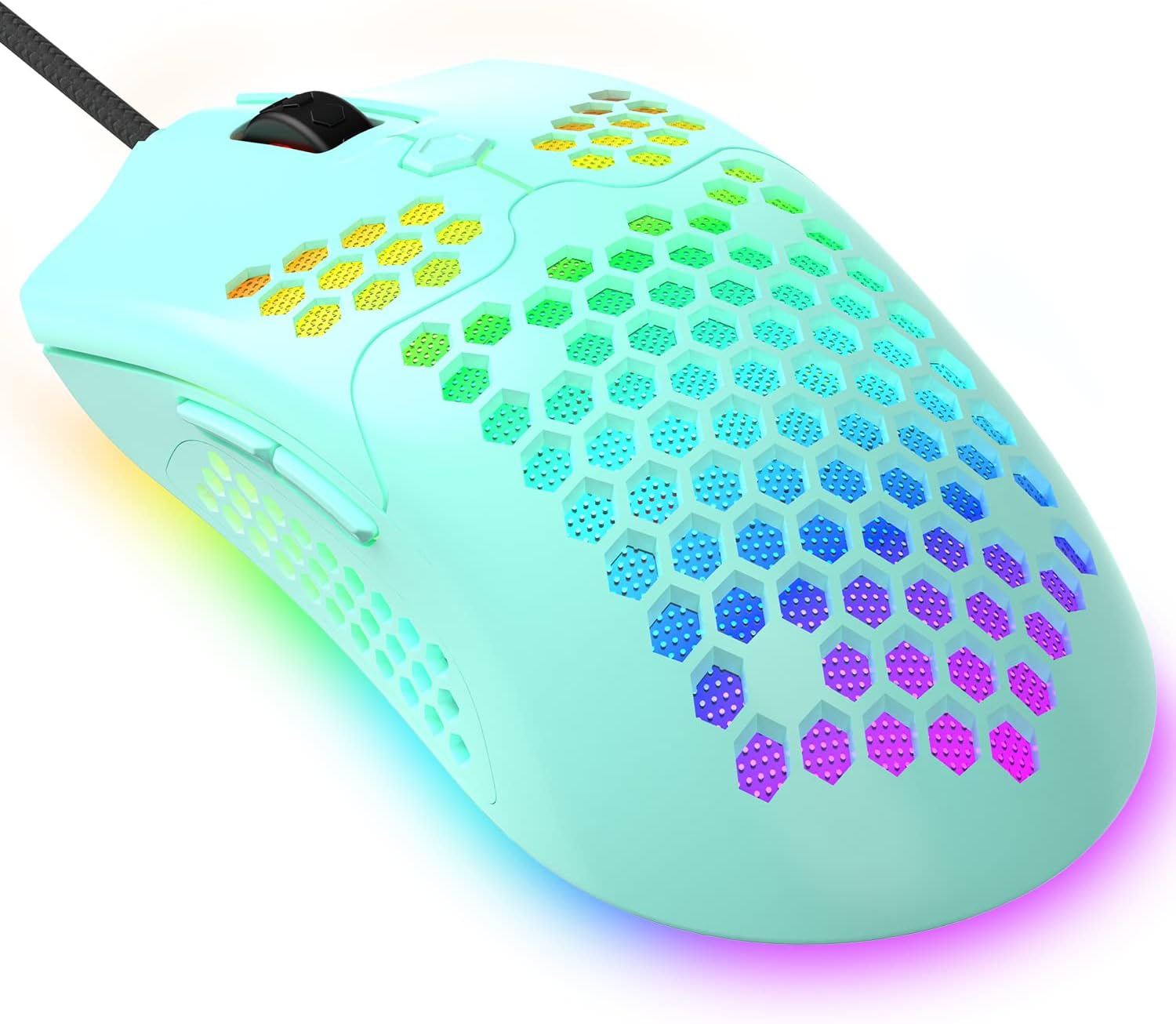 Геймърска мишка KUIYN 383 PRO M5, 12000 DPI, 6 бутона, Оптична, RGB подсветка, Само 65 гр., Тюркоаз