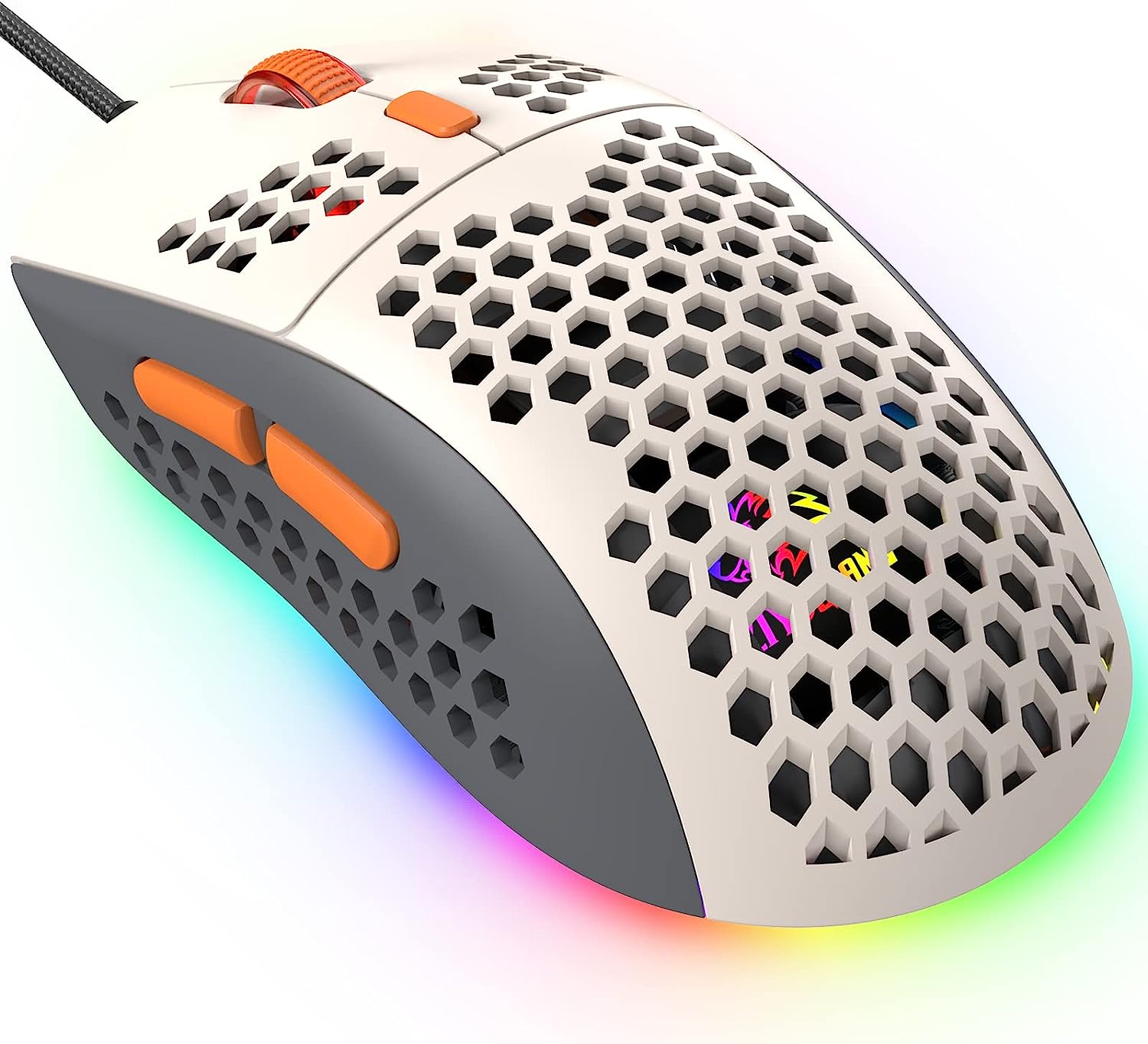 Геймърска мишка KUIYN 383 Pro М8, До 6400 DPI, 6 бутона, Оптична, RGB подсветка, Лек корпус, Бяла със сиво и оранжево