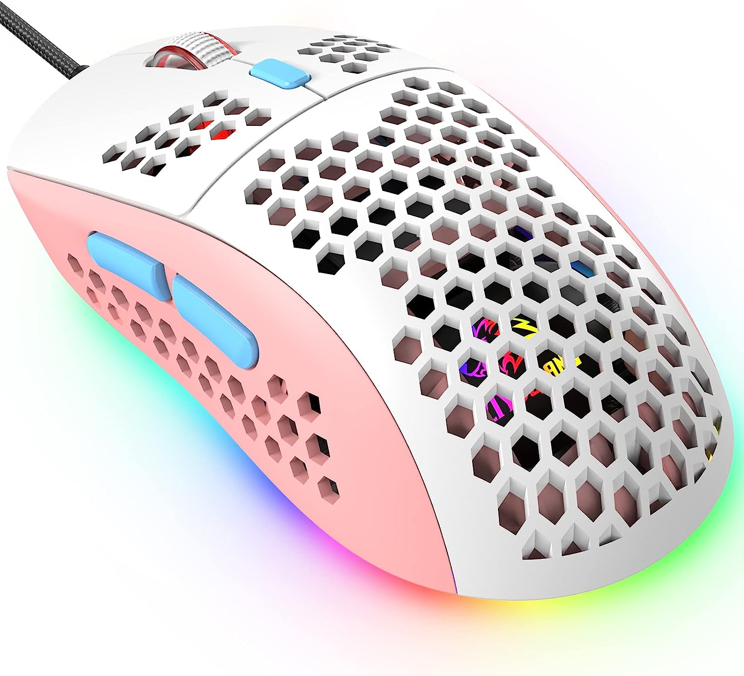 Геймърска мишка KUIYN 383 Pro М8, До 6400 DPI, 6 бутона, Оптична, RGB подсветка, Лек корпус, Бяла с розово