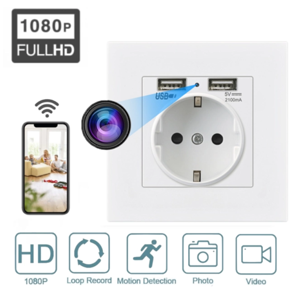 Скрита мини камера в контакт, WiFi, 1080p Full HD, Видеонаблюдение, Охранителна камера, Шпионаж, Mикрофон, Сензор за дви...