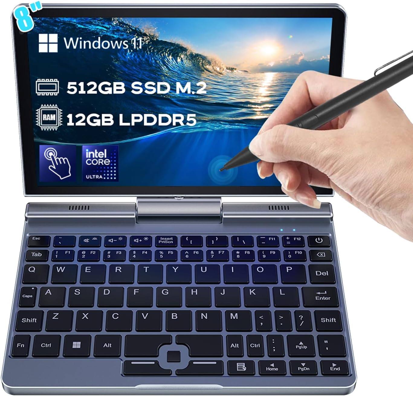 Мини лаптоп Crelander 2 в 1 | 8-инчов преносим компютър с тъчскрийн | 12-то поколение Intel N100 процесор | 12GB DDR5 RA...
