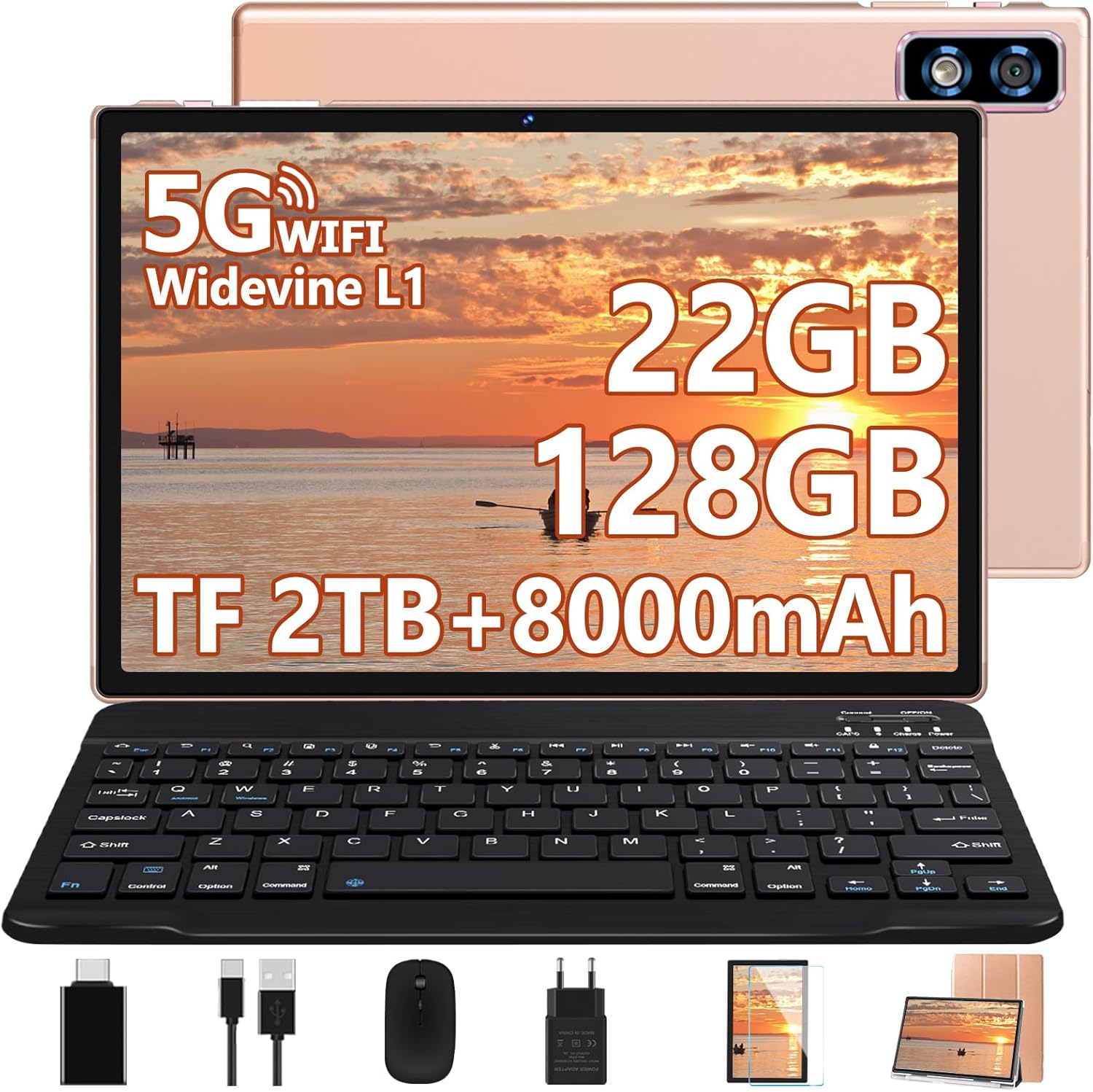 Таблет 2025 10-инчов Android 14 таблет, 22GB RAM + 128GB ROM/1TB TF, Octa-Core, 2.0GHz, 5G + 2.4G WiFi, BT 5.0, 8000mAh,...