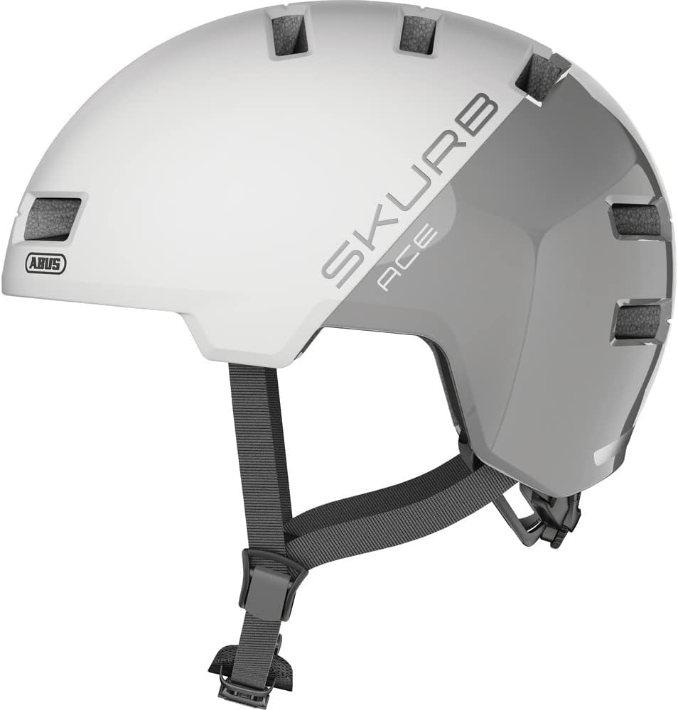 Каска за колоездене ABUS Skurb ACE, Размер M (55 -59см обиколка), Регулируем дизайн, Отлична проветримост, Бяла със сиво