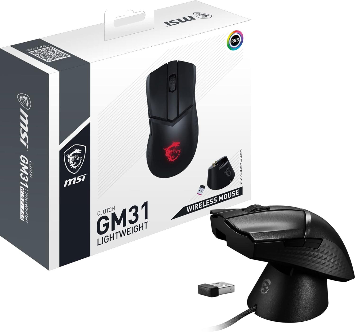 Безжична геймърска мишка MSI Clutch GM31 - оптичен сензор 12 000 DPI, за дясна ръка, OMRON превключвател с над 60 милион...