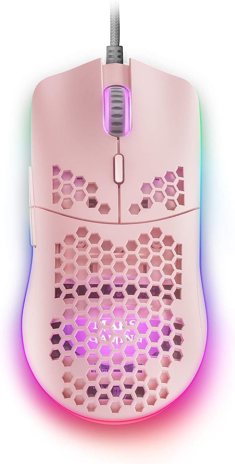 Геймърска мишка Mars Gaming MMAXP, 12400 DPI, Оптична, 7 бутона, RGB подсветка, Ултралека - 69гр., Розова