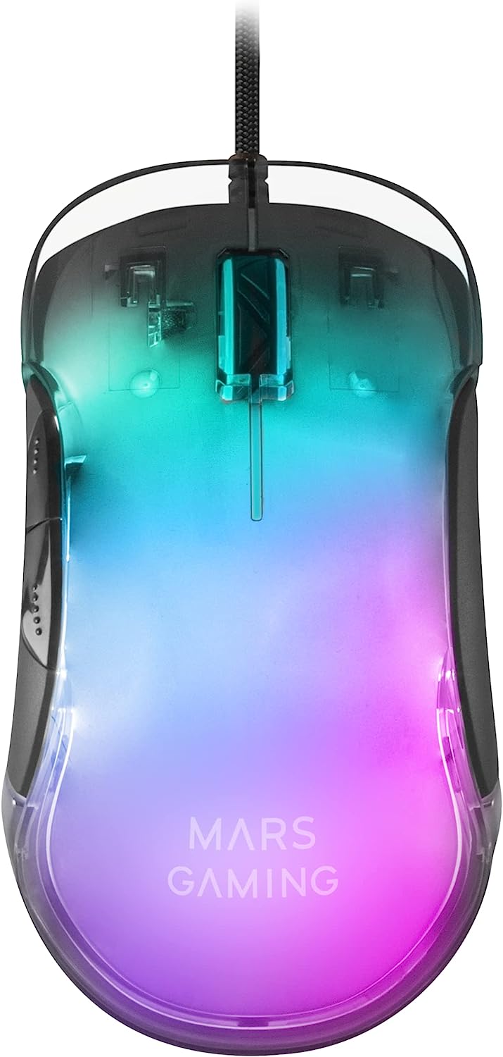 Геймърска мишка Mars Gaming MMGLOW, 12800 DPI, Оптична, 7 бутона, RGB подсветка, Прозрачен дизайн, Черна