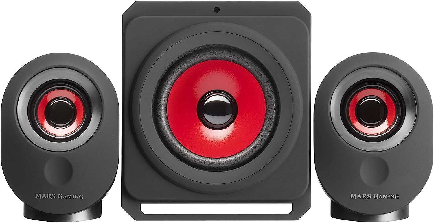 Колонки за компютър Mars Gaming MSX, 35W RMS, 2.1 канала, 5 мултимедийни режима, 3.5мм жак, USB, Черни с червено