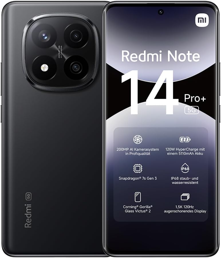 Смартфон Xiaomi Redmi Note 14 Pro+ 5G, 12 + 512 GB, черен, 200 MP професионална AI камера, IP68, 120 W HyperCharge, AI ф...