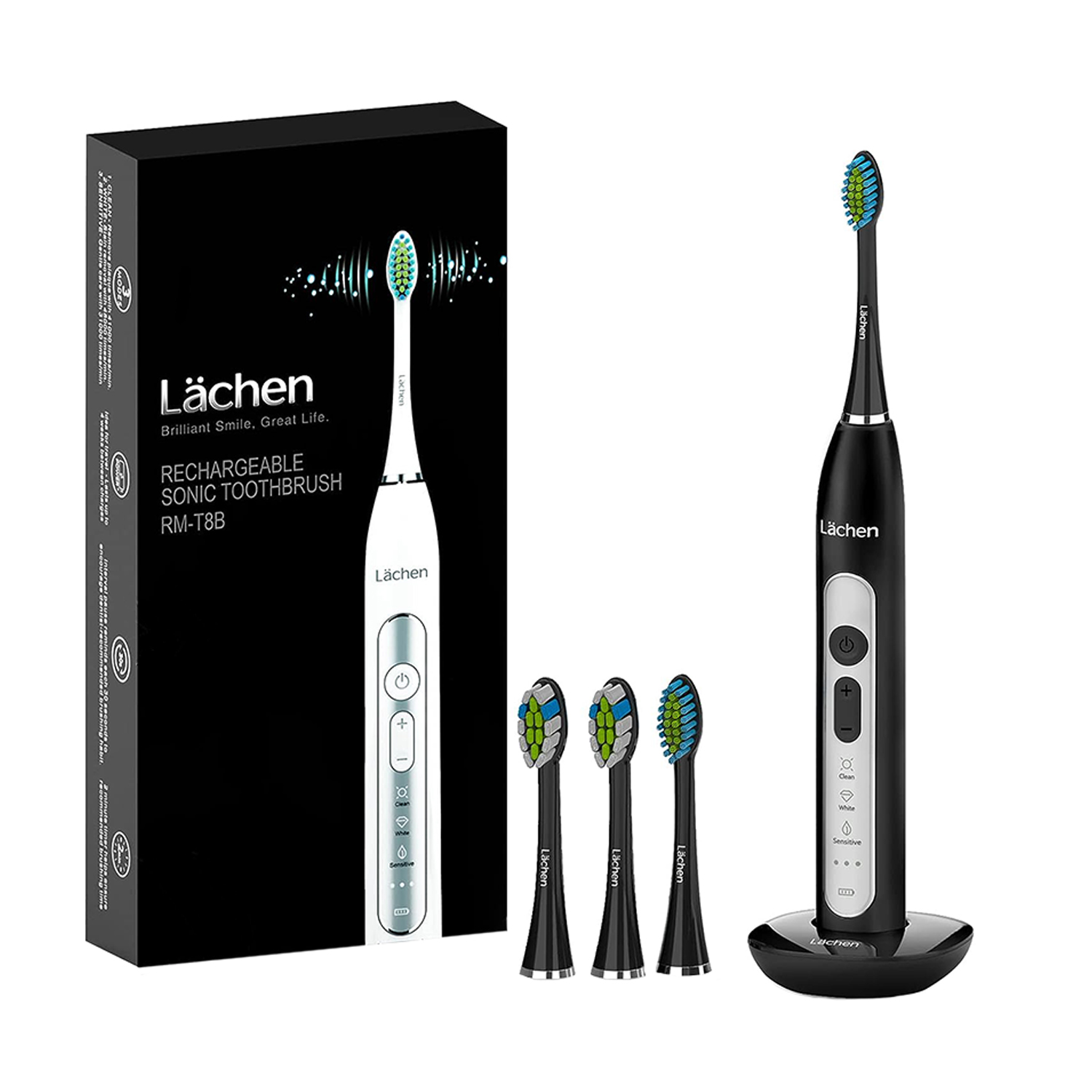Електрическа четка за зъби Lächen RM-T8B, 3 режима, Таймер, 2 вида глави, 3W, До 4 седмици с едно зареждане, Черна