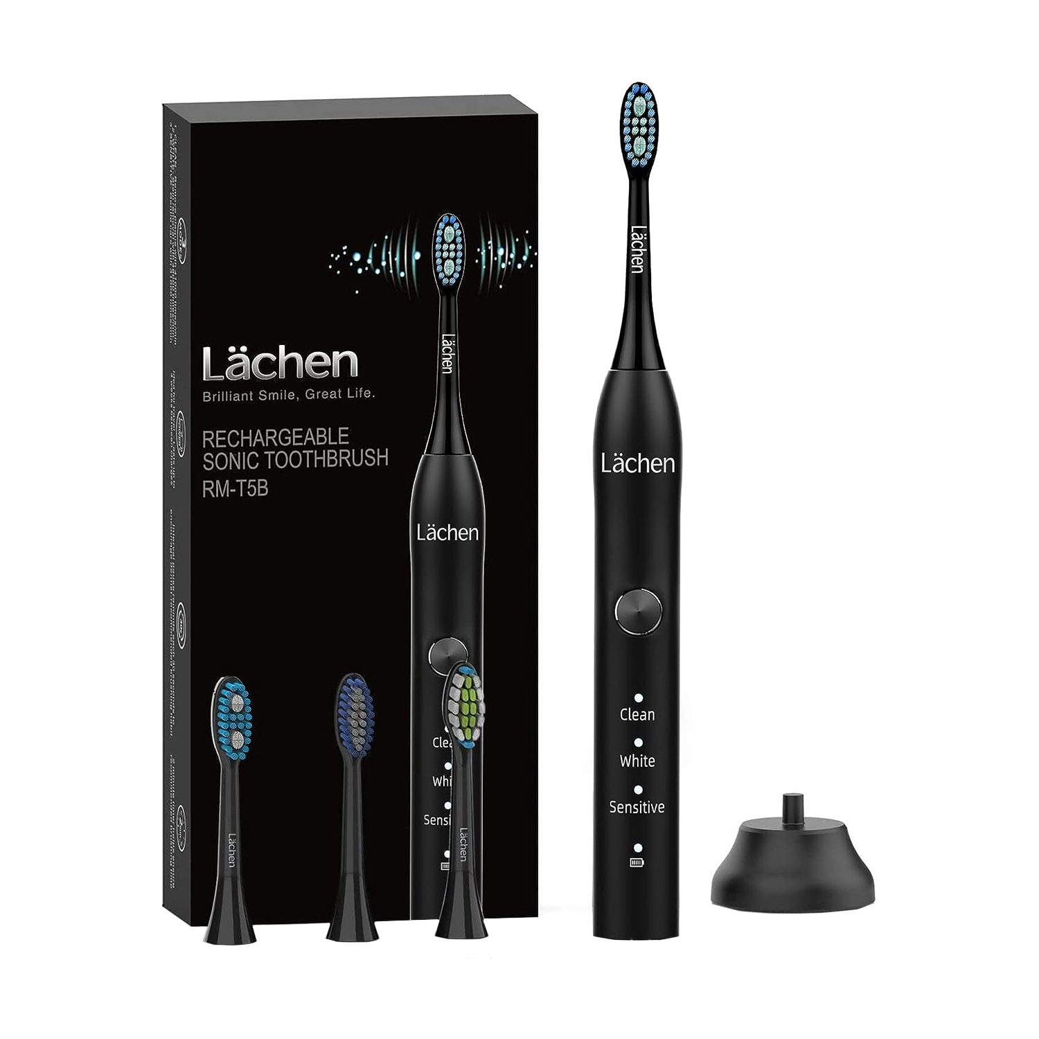 Електрическа четка за зъби Lächen RM-T5B, 3 режима, Таймер, 3 вида глави, 3W, До 4 седмици с едно зареждане, Черна