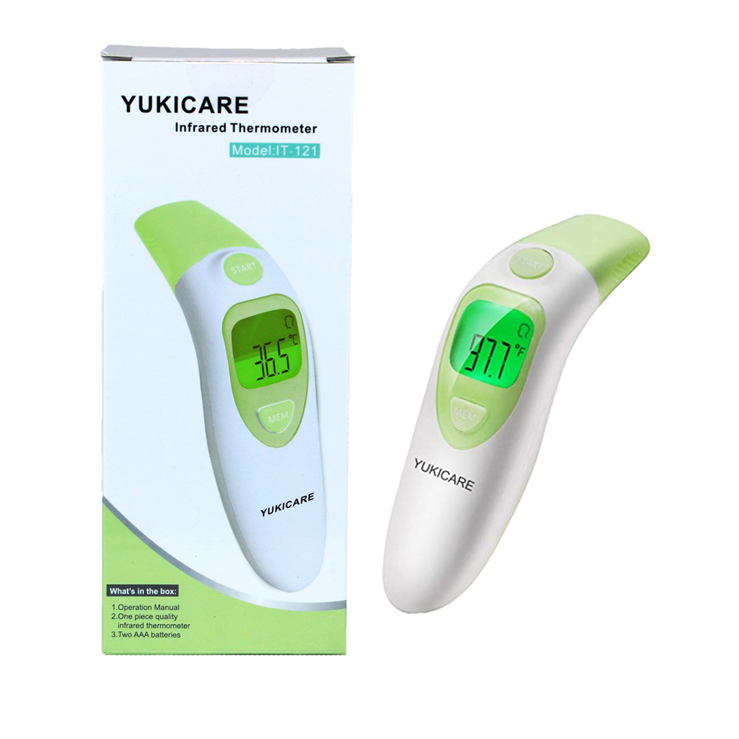 Безконтактен термометър Yukicare IT-121, Монохромен дисплей, Памет с до 20 сета, Звукова аларма, Резултат за 1 секунда