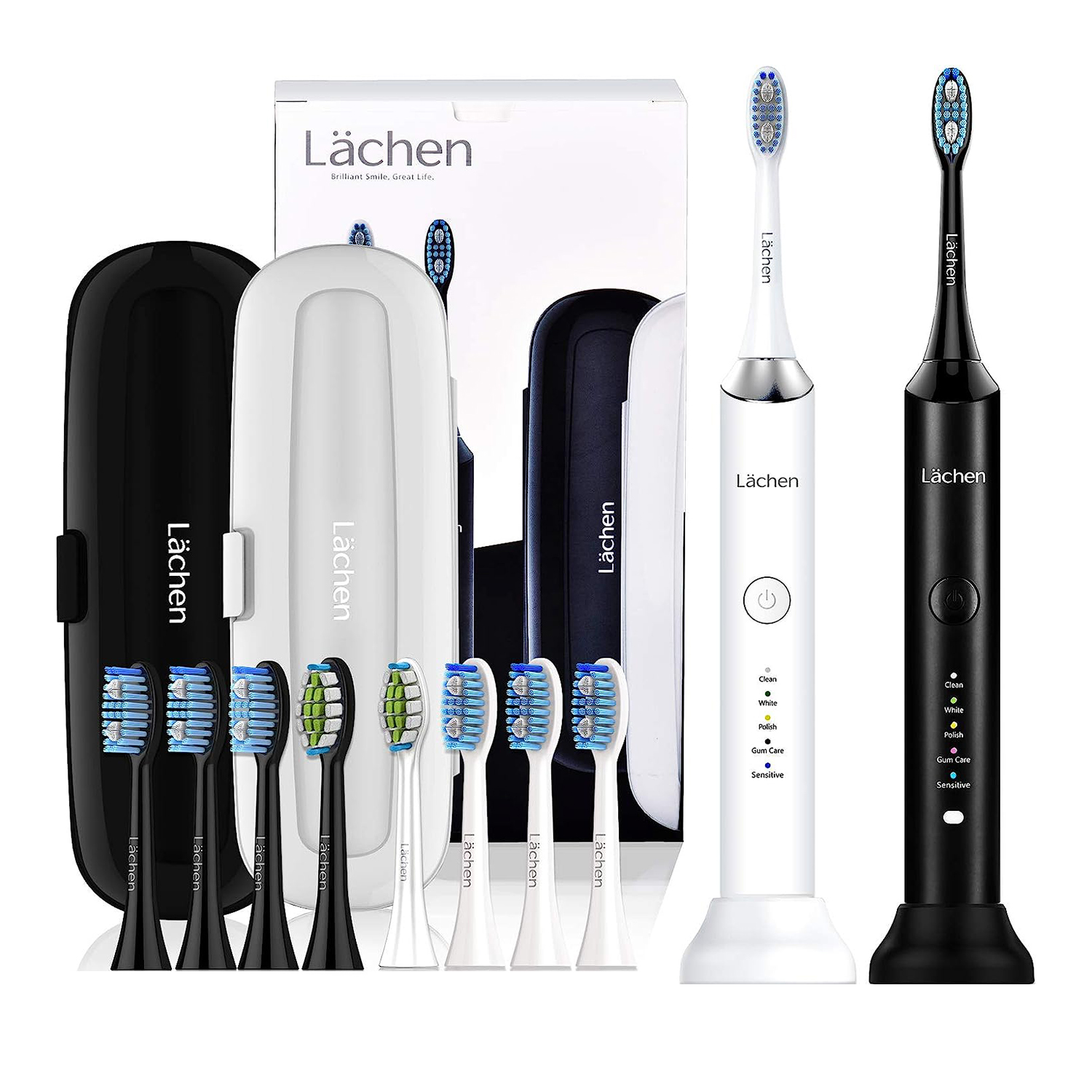 Комплект електрически четки за зъби Lächen RM-H9, 3W, 5 режима на работа, 10x сменяеми глави, 2 мин таймер, Черна и бяла