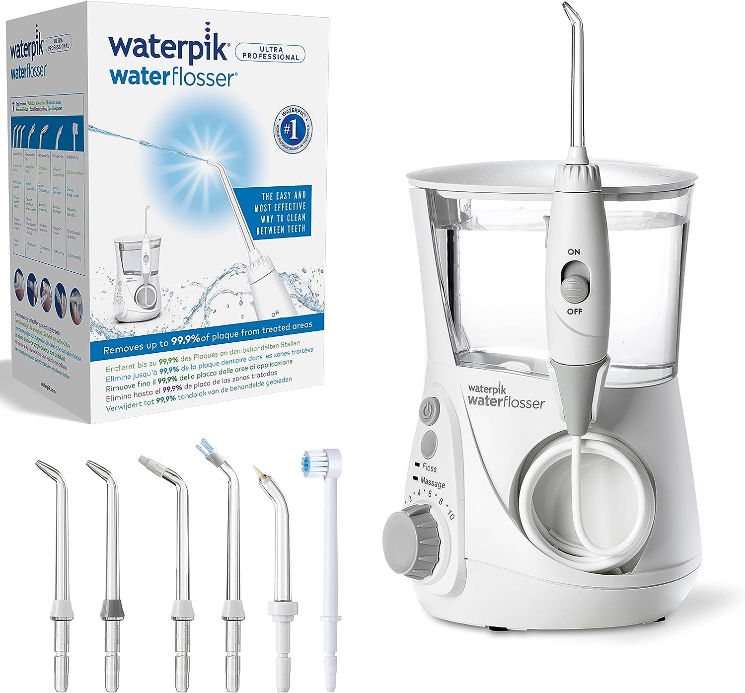 Електрически флосер Waterpik, 650 мл капацитет, 7 накрайника, 10 нива на интензивност, Бял