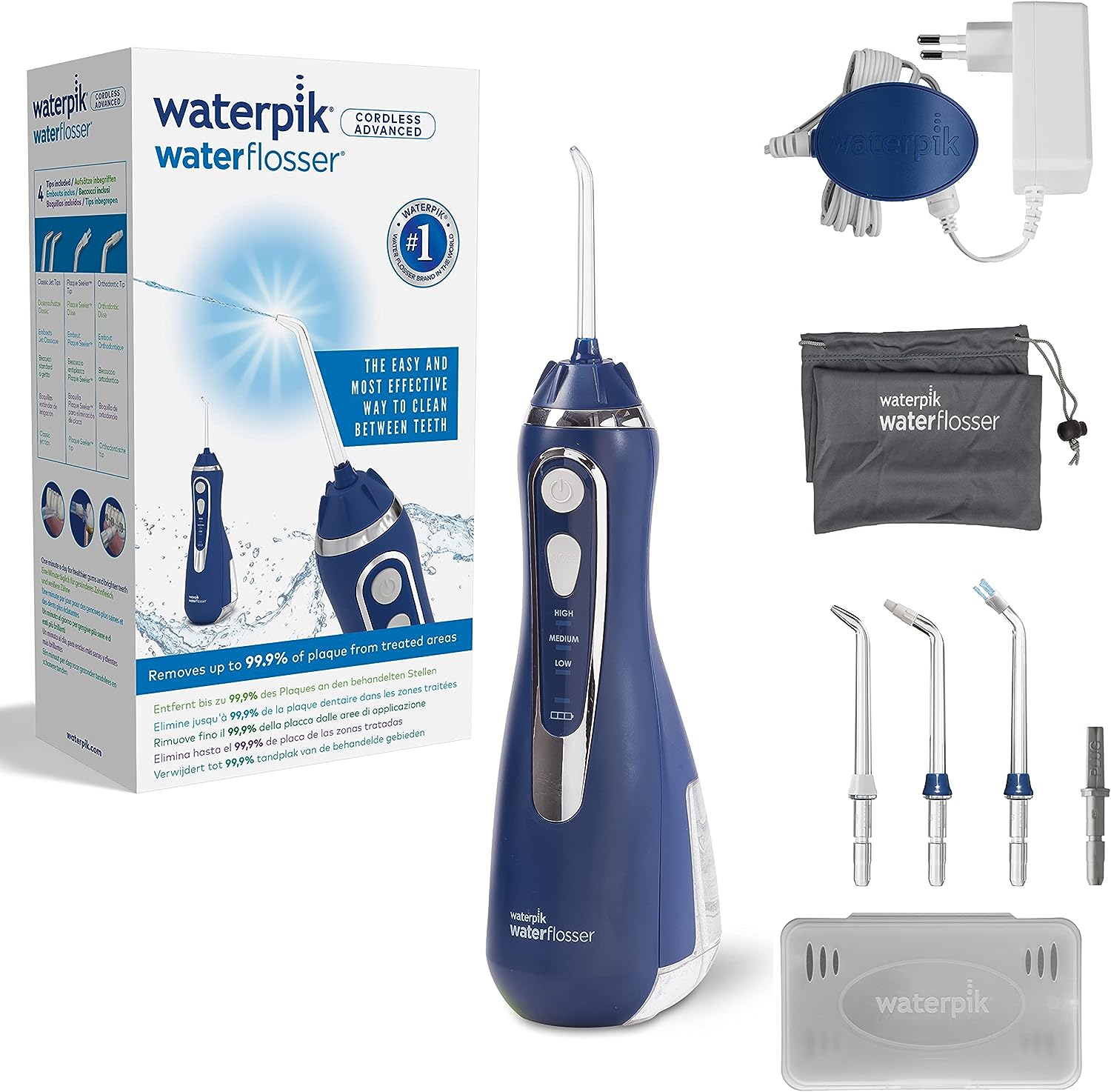 Електрически флосер Waterpik, Безжичен, 3 настройки на налягането, 4 приставки, Син