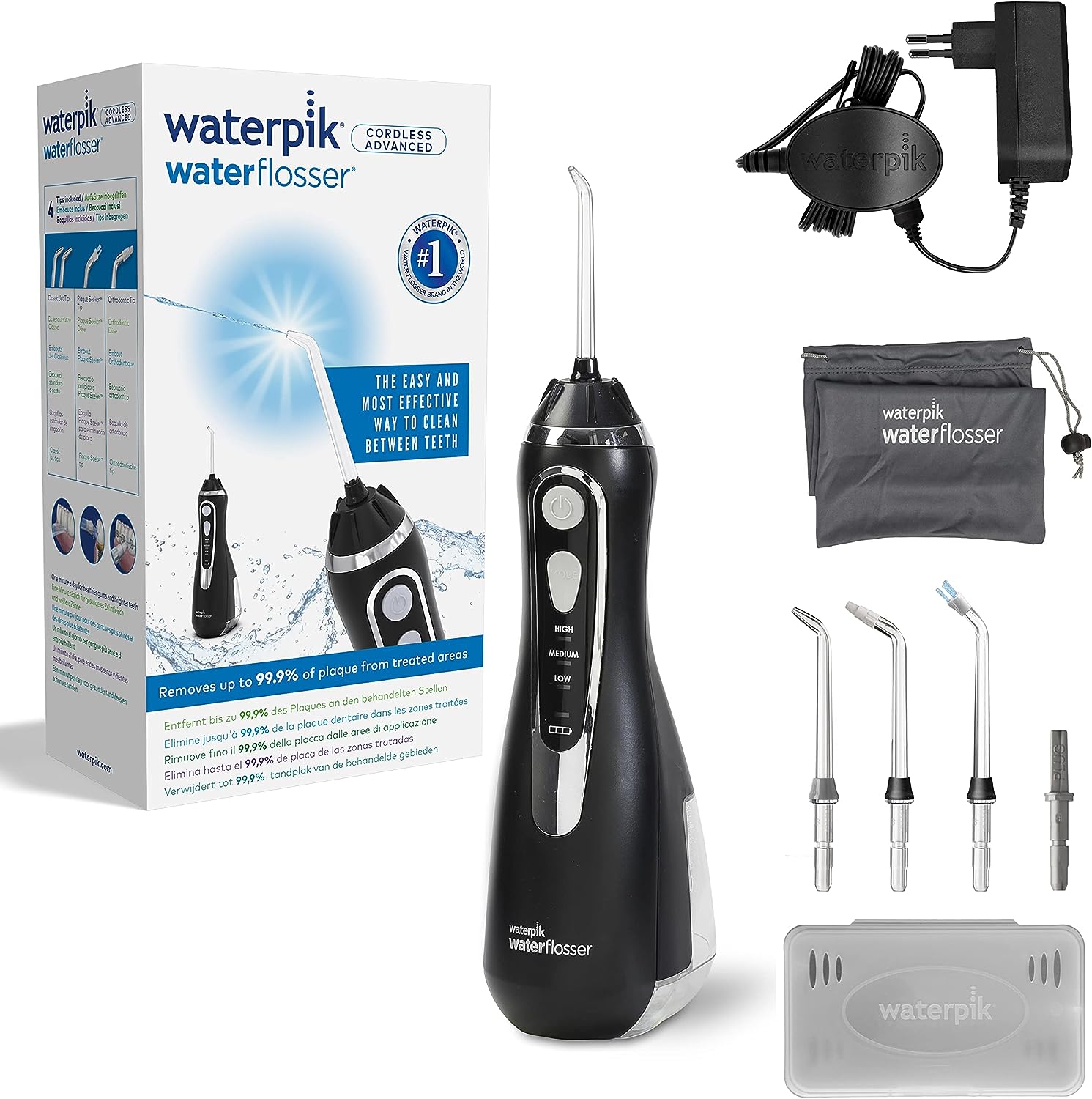 Електрически флосер Waterpik, Безжичен, 3 настройки на налягането, 4 приставки, Черен
