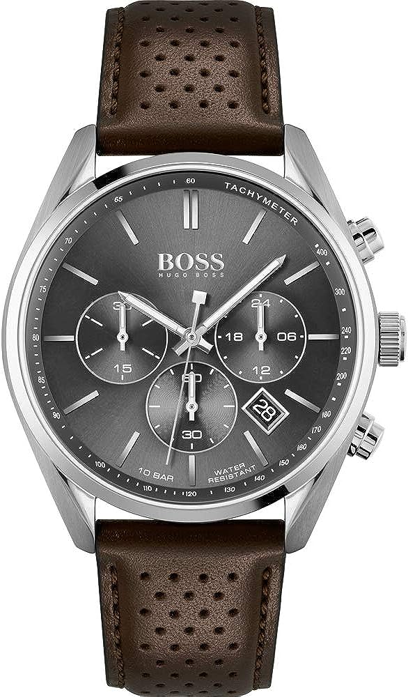 Мъжки часовник HUGO BOSS, 44мм диаметър, Показва дата, Хронограф, 10 ATM водоустойчивост, Кафява кожена каишка