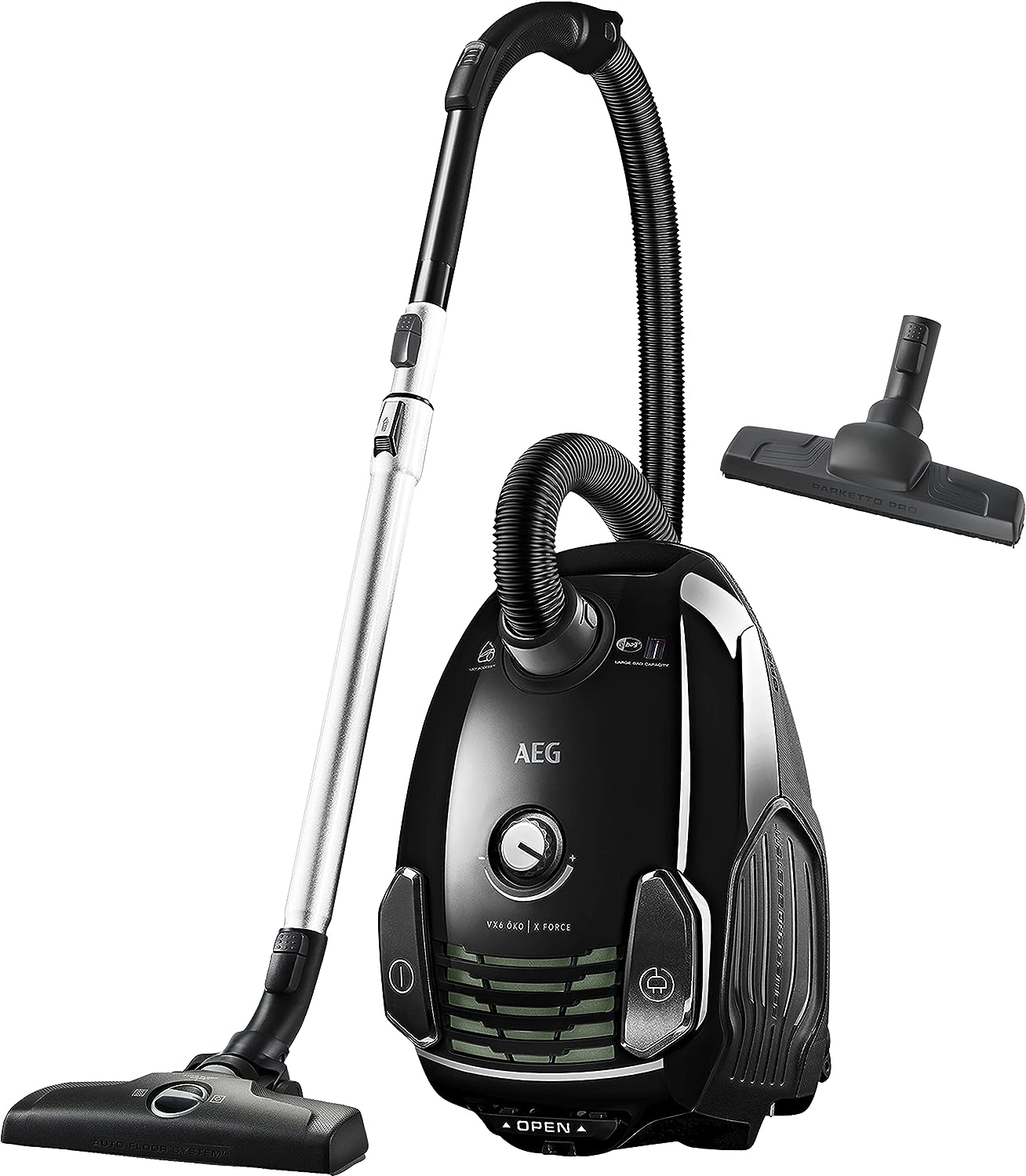 Прахосмукачка с торба AEG VX6-2-ÖKOX, 2200W, Еко дизайн, Накрайници, Черна