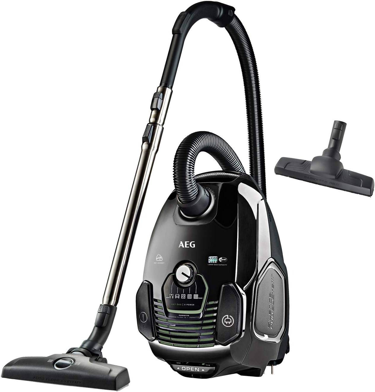 Прахосмукачка AEG VX7-2-ÖKOX, 650 W, Ергономична и удобна дръжка, 12 метра кабел, 69 dB (A), Миещ се филтър, Черна
