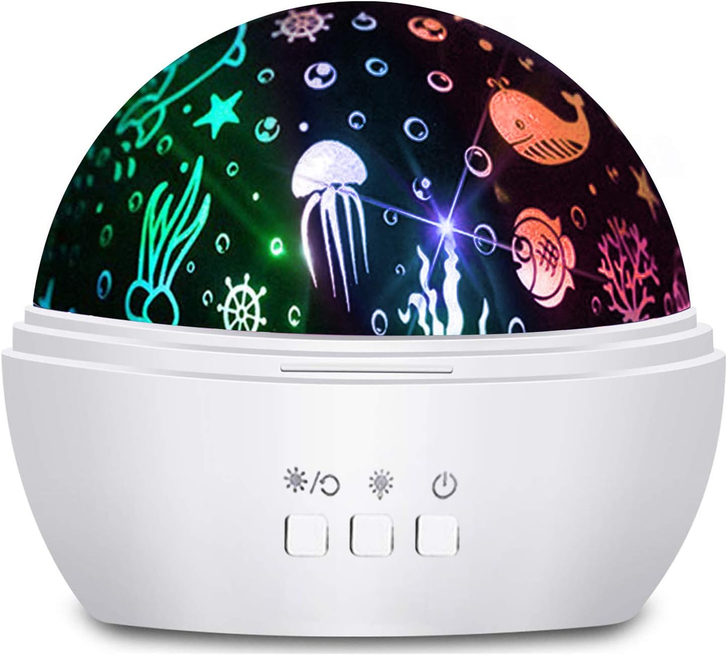Утешителен проектор Moredig Sea World/Star sky, 2 теми, LED светлина, Въртене на 360°, 8 различни цвята, 3 бутона, Бял