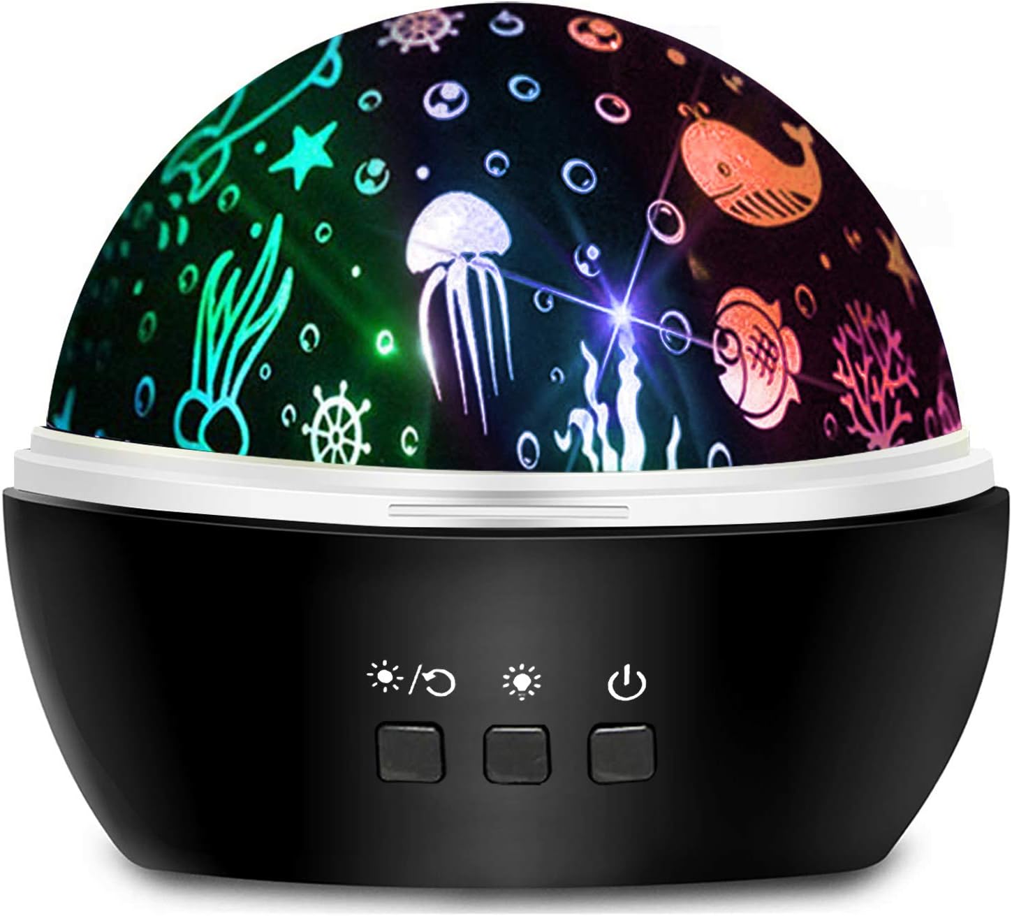 Утешителен проектор Moredig Sea World/Star sky, 2 теми, LED светлина, Въртене на 360°, 8 различни цвята, 3 бутона, Черен