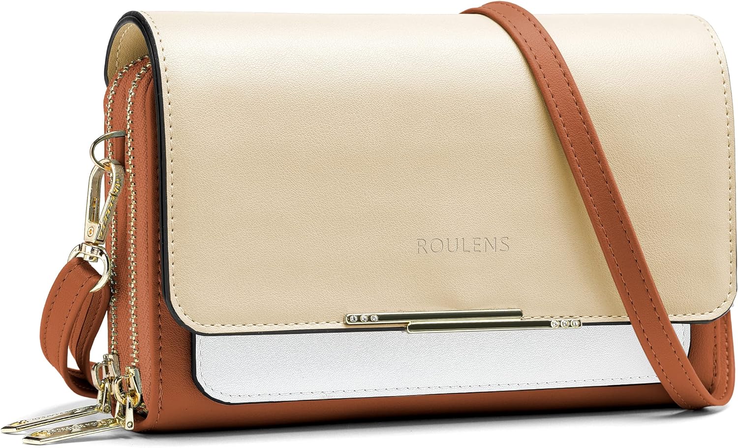 Малка дамска чанта за рамо Roulens, От висококачествена изкуствена кожа, 19.5 x 12 см, Златиста със сребристо и кафяво