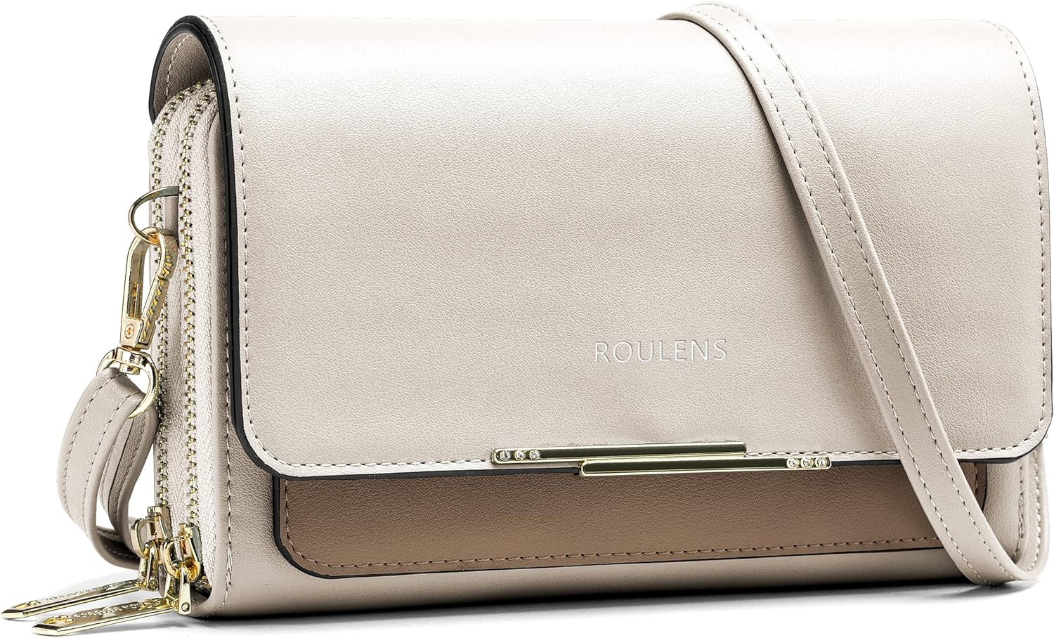 Малка дамска чанта за рамо Roulens, От висококачествена изкуствена кожа, 19.5 x 12 см, Бежова с кафяво