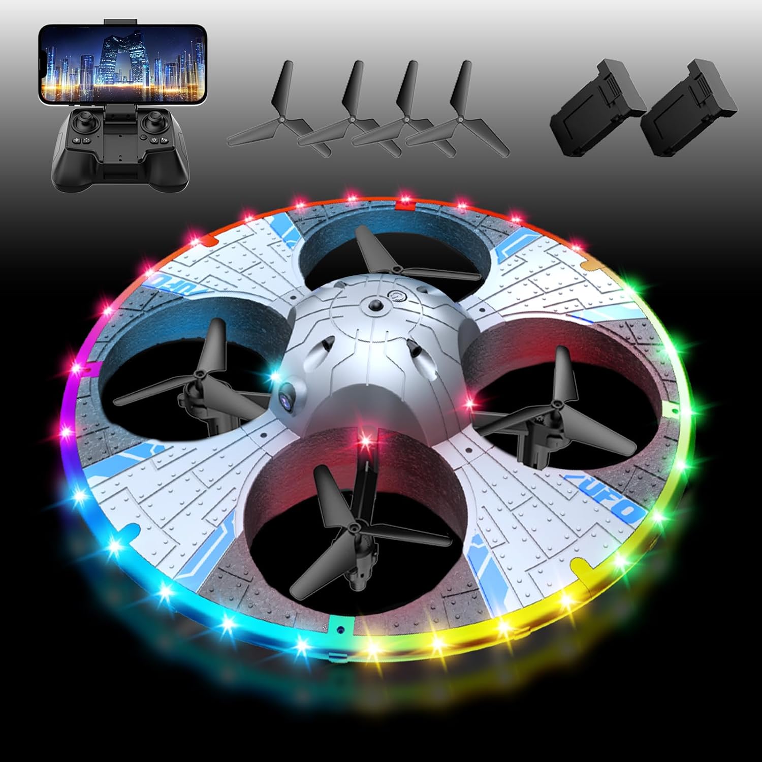 RC НЛО дрон за деца и начинаещи, мини дрон с камера и цветни LED светлини, детски квадрокоптер с функция за завъртане на...