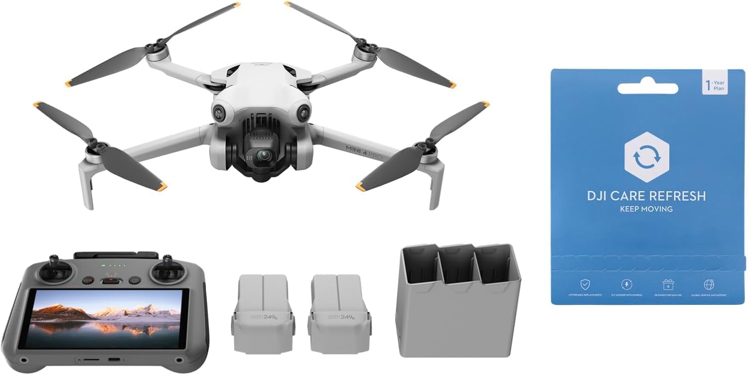DJI Mini 4 Pro Fly More Combo с дистанционно управление DJI RC 2, включително Care Refresh, 1 година защита, сгъваем мин...