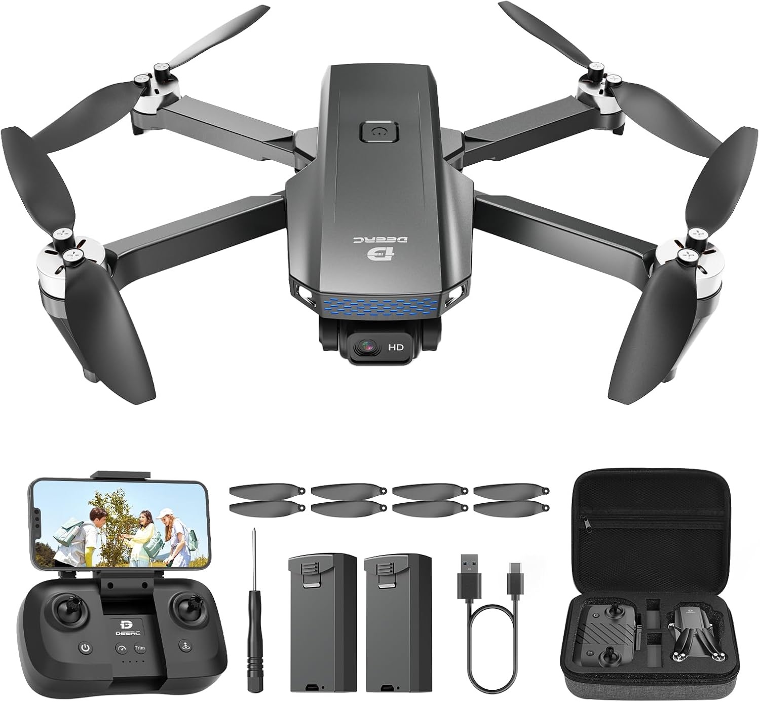 DEERC Дрон с камера 1080P за деца, начинаещи, D20S RC дронове сгъваеми с FPV предаване, 2 батерии дълго време на полет, ...