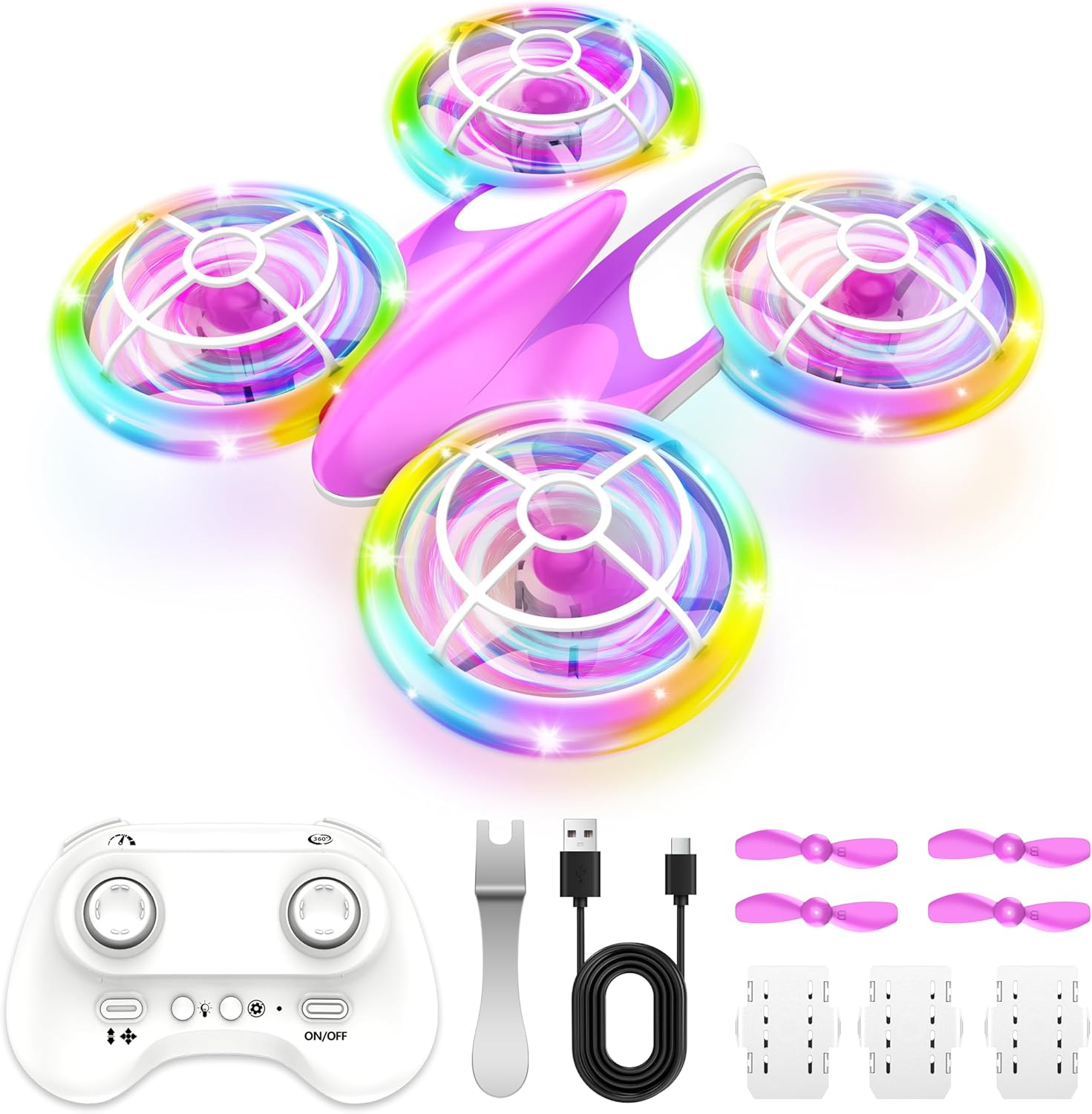 Мини дрон за деца играчка от 6+ години, комплект мини дрон със 7 LED светлинни ефекта, 3 батерии, RC дрон за вътрешна и ...