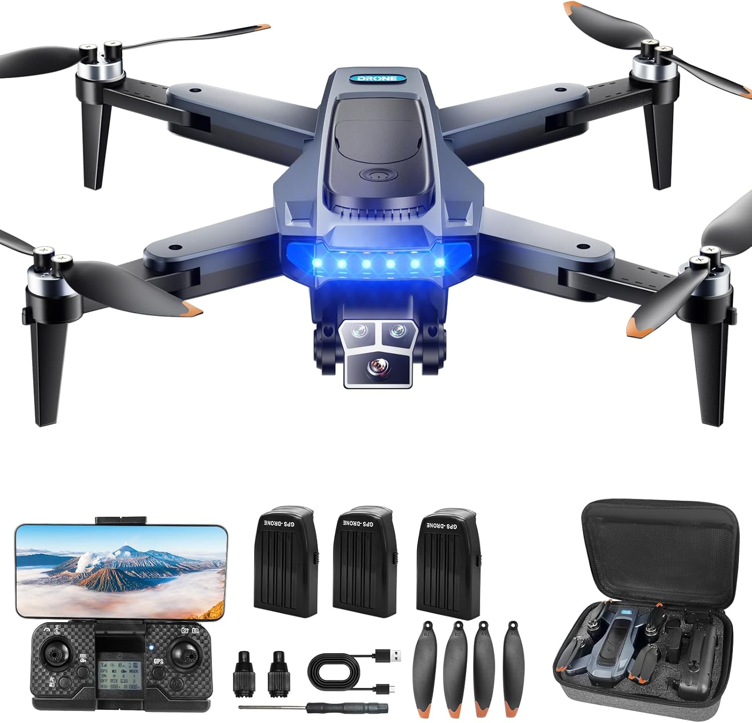 P17 GPS дрон с камера 4K за възрастни, дрон 4K GPS с безчетков мотор, 3 батерии, 5G WiFi предаване, GPS дронове с 3 каме...