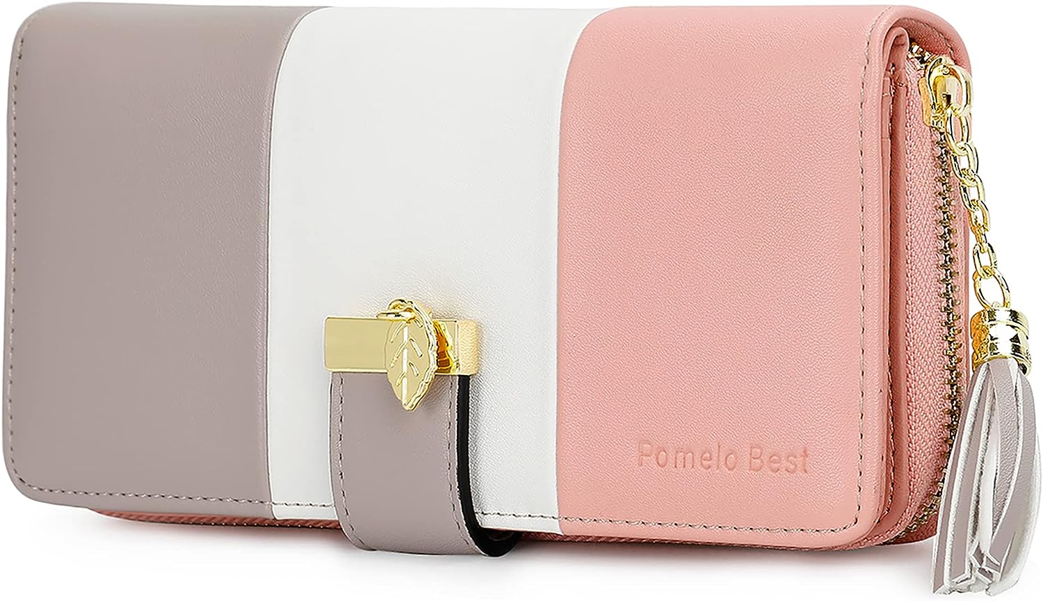Дамско портмоне Pomelo Best, 19.5 x 10.5 x 2.5 см, В три цвята - Сиво, бяло и розово, Висококачествена изкуствена кожа