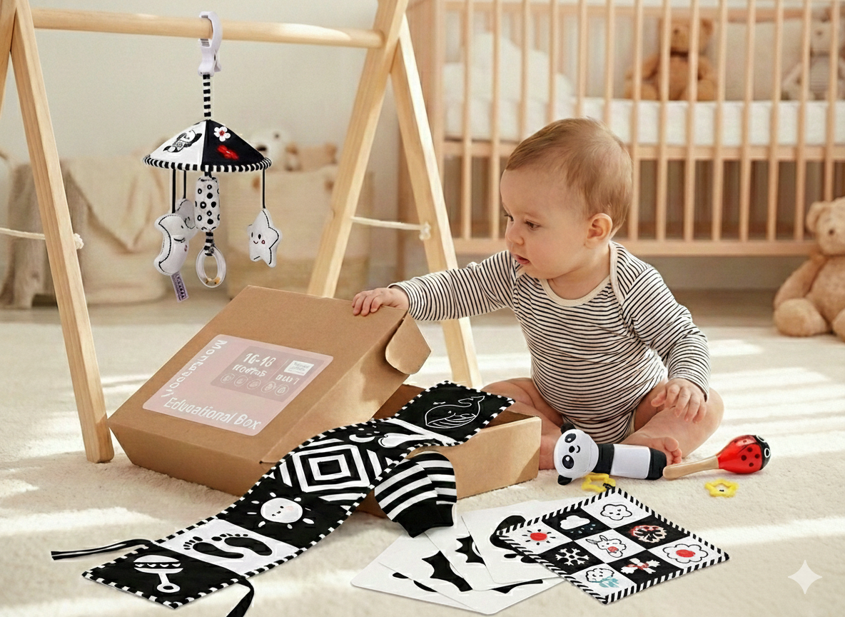 Комплект за новородено черно-бели сензорни играчки, стимулиращи контрастни карти (20бр), въртяща се висулка, шумяща кърп...