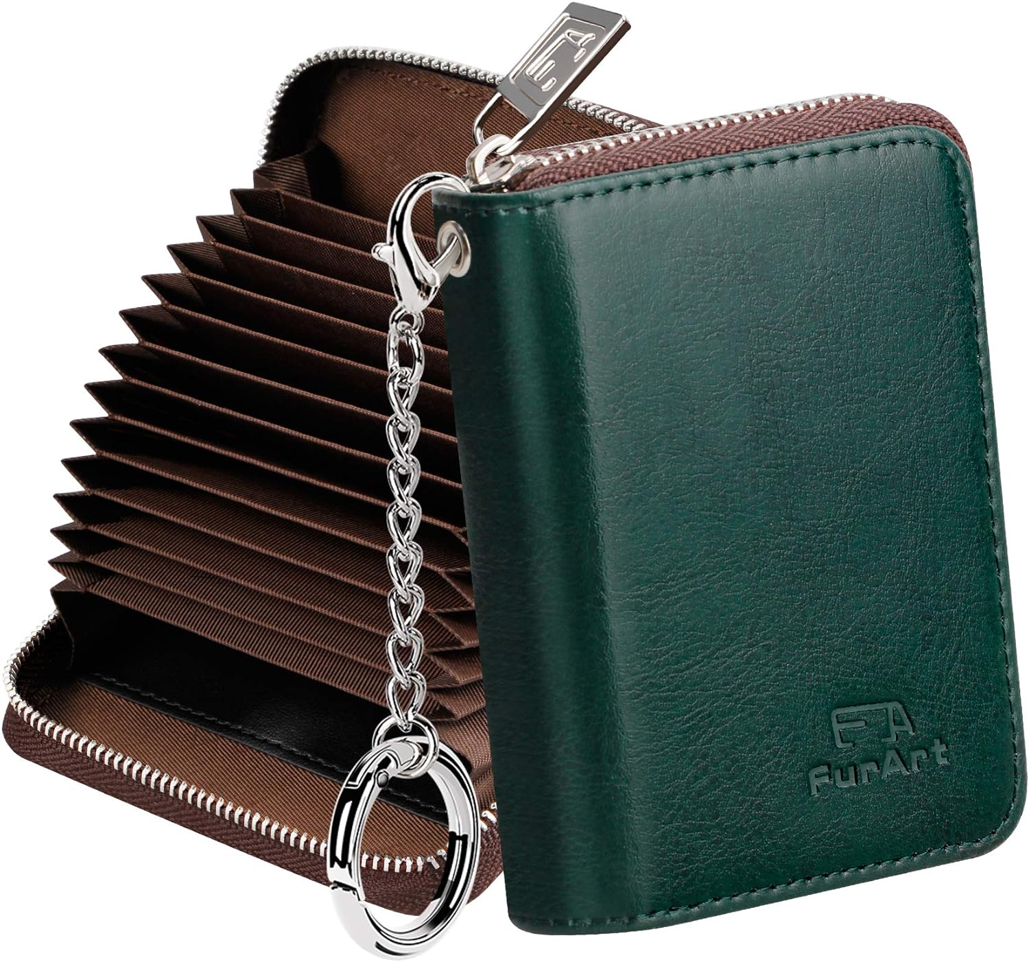 Дамски калъф за карти FurArt, 10.5 x 7.5 x 2.8 см, 15 слота, RFID защита, С ключодържател, Високо качество, Тъмнозелен